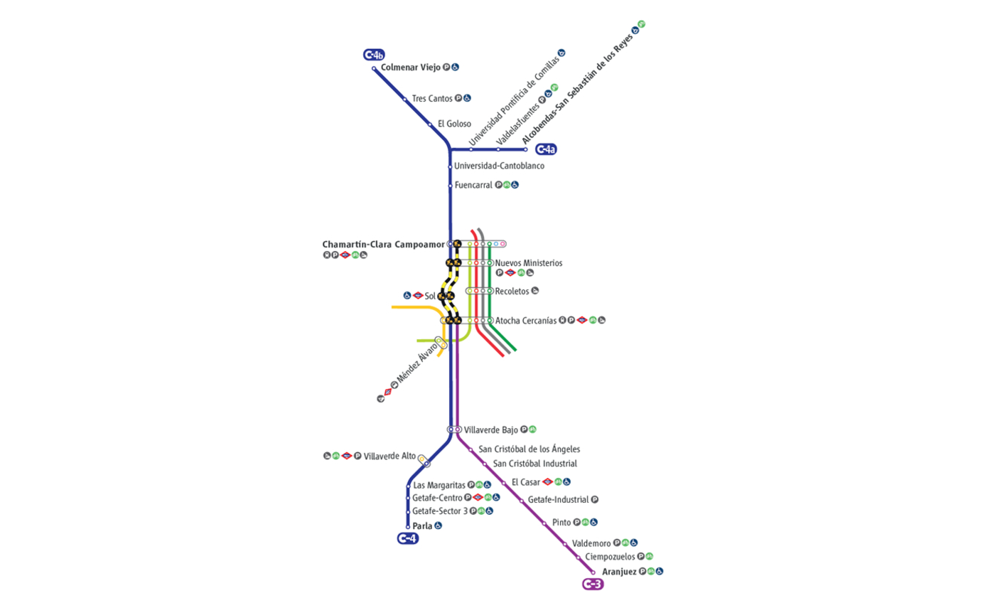 Plano de afectación de las líneas C-3, C-4, C-4a y C-4b por el corte del túnel de Sol