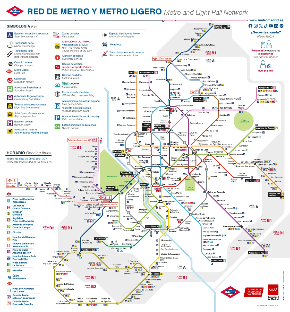 Plano esquemático de la red de Metro y Metro Ligero con las zonas tarifarias