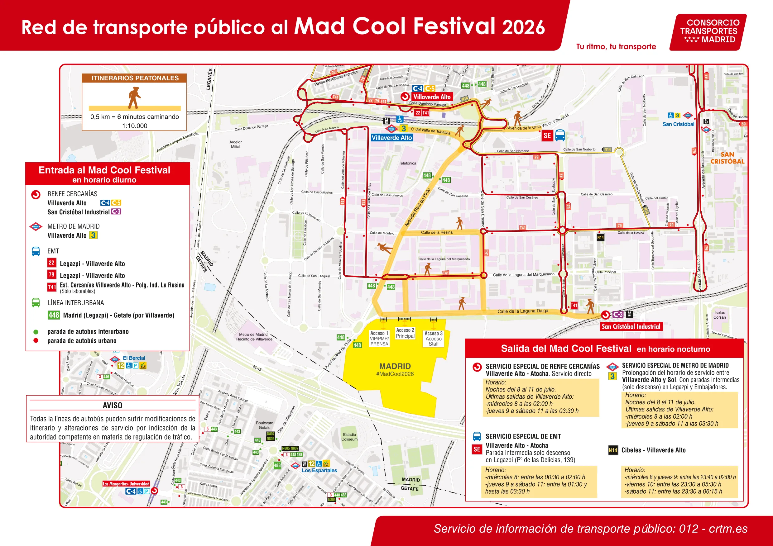Red de transporte público al Mad Cool Festival 2026