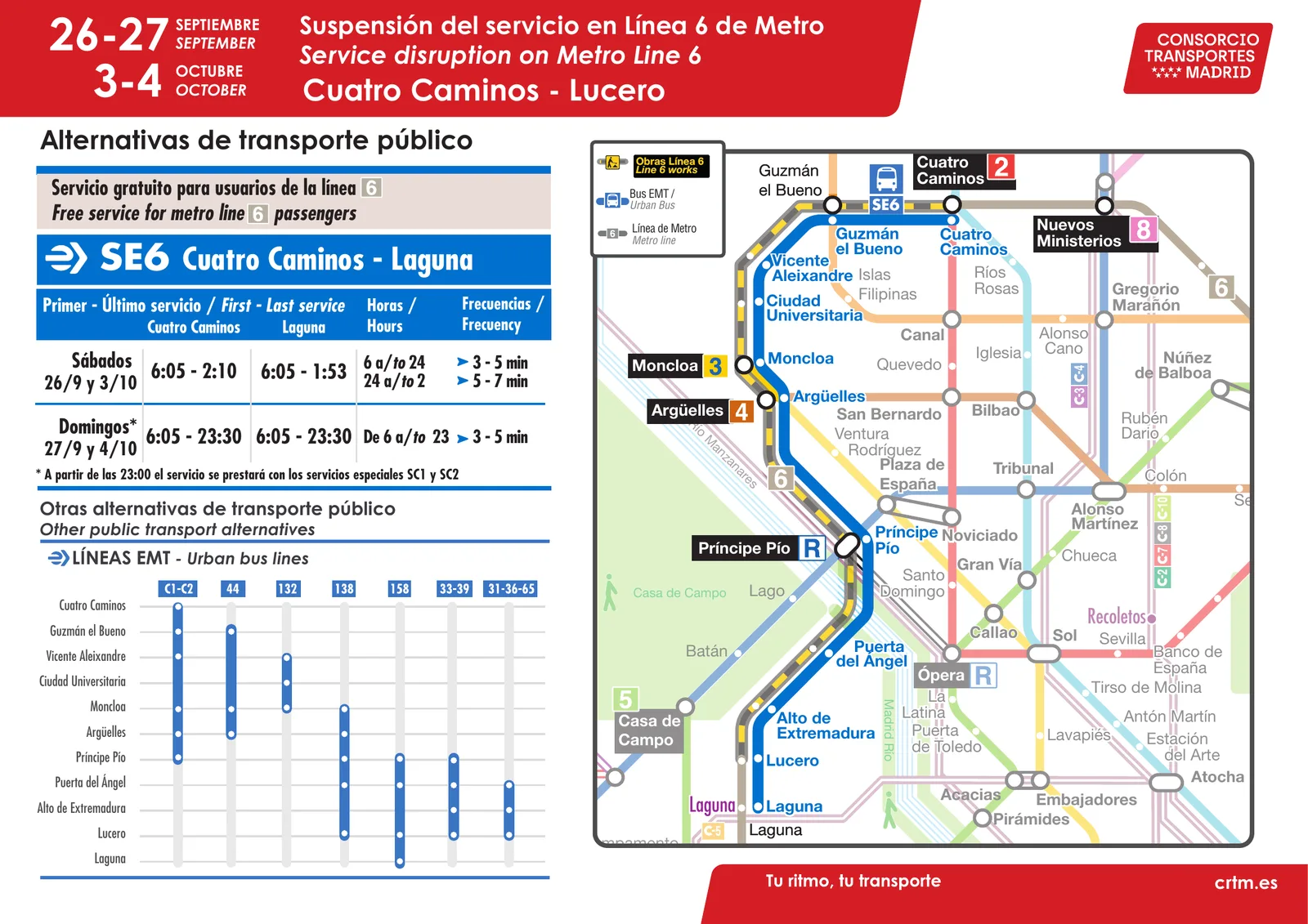 Cartel oficial del corte de la línea 6 entre Cuatro Caminos y Lucero los días 26 y 27 de septiembre y 3 y 4 de octubre de 2026, con horarios y recorrido del autobús gratuito SE6
